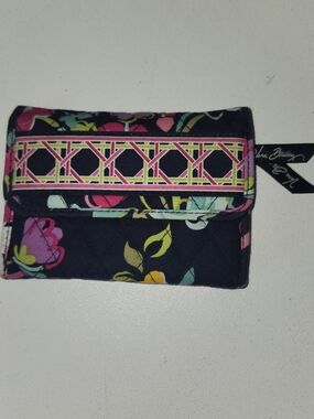 Vera Bradley Navy Quilted Wallet with Pink & Teal Floral Accents